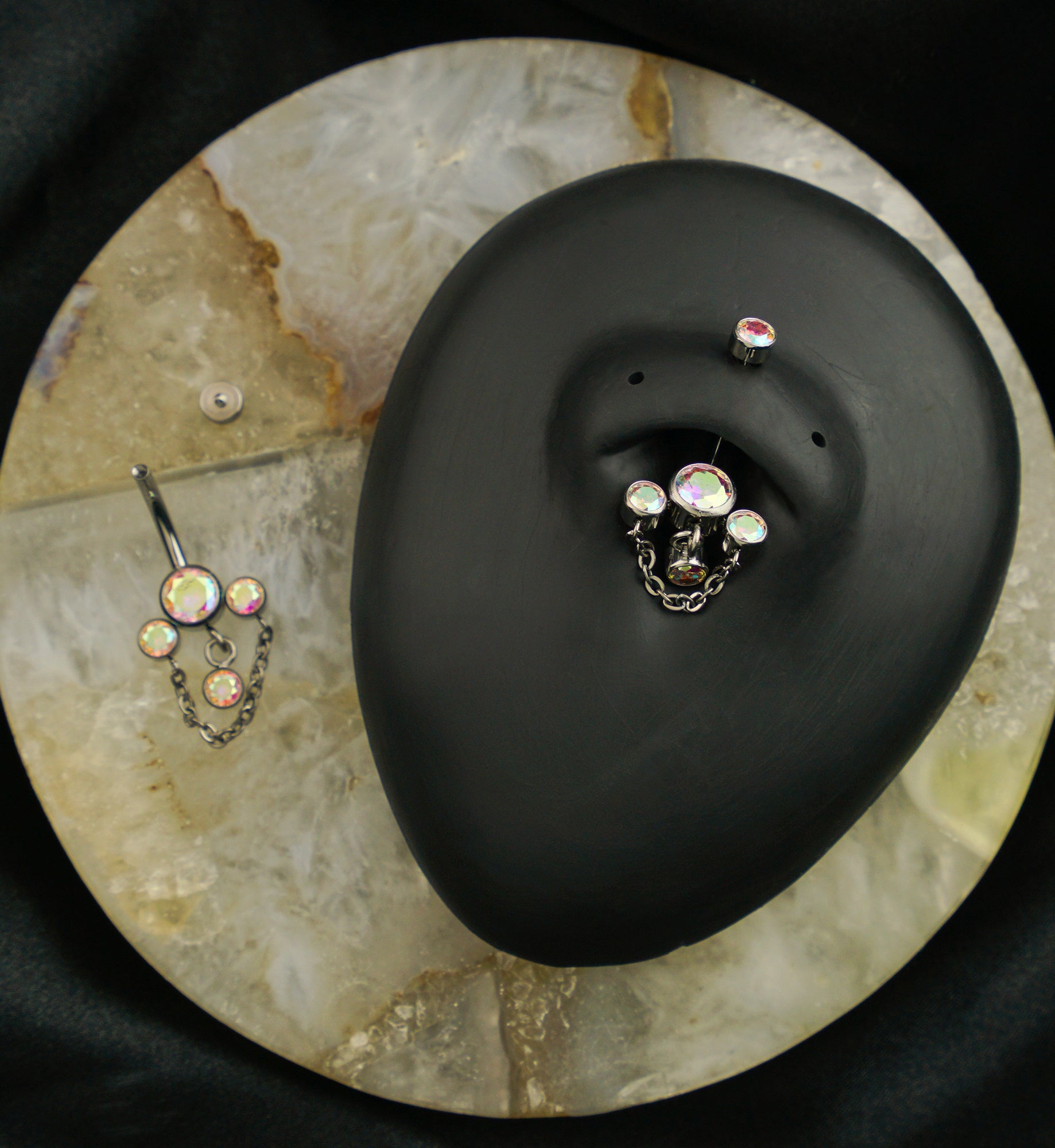 Triple Bezel Rainbow Aurora CZ Dangle Chain Titanium Internally Threaded Belly Button Ring