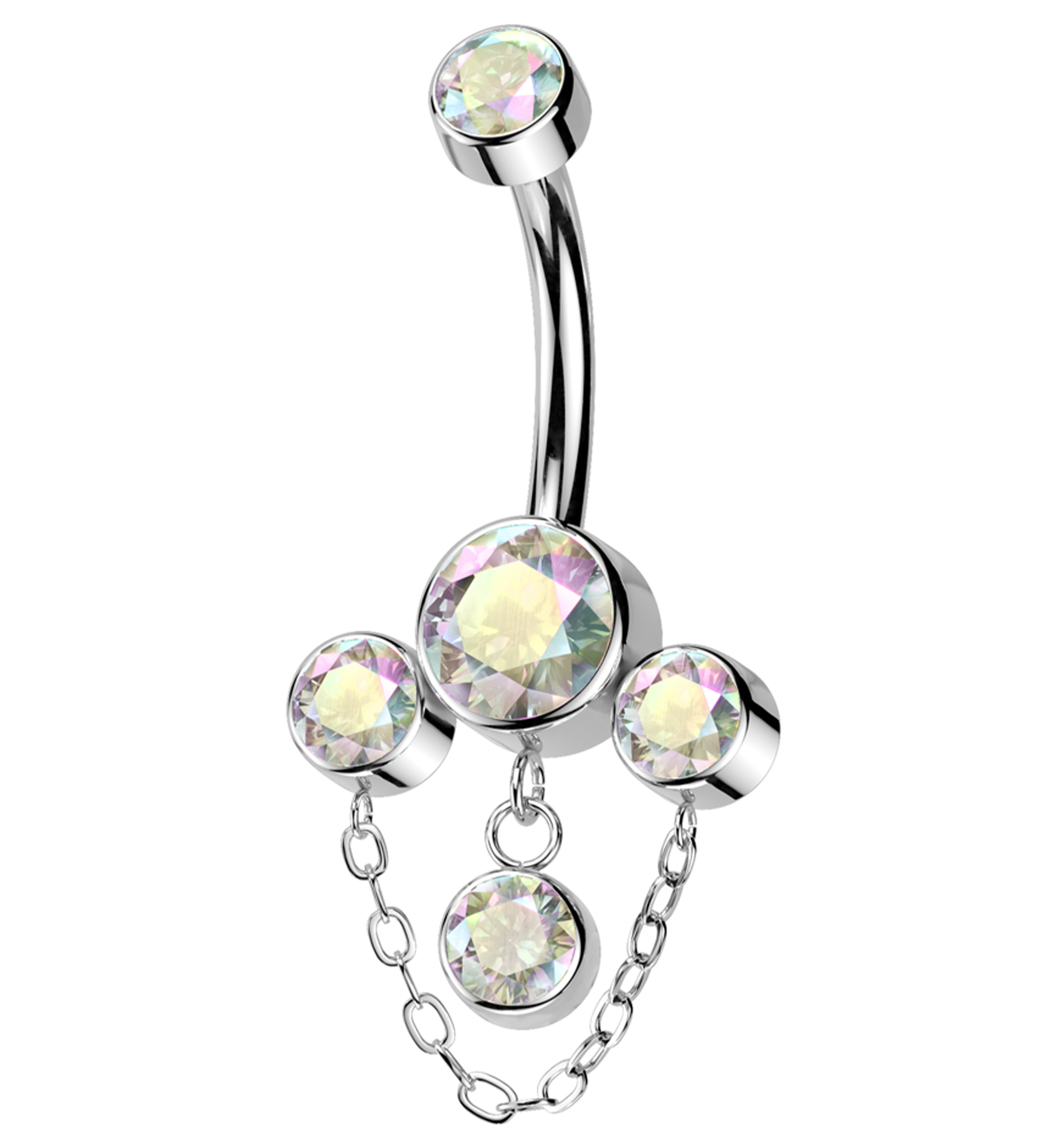 Triple Bezel Rainbow Aurora CZ Dangle Chain Titanium Internally Threaded Belly Button Ring