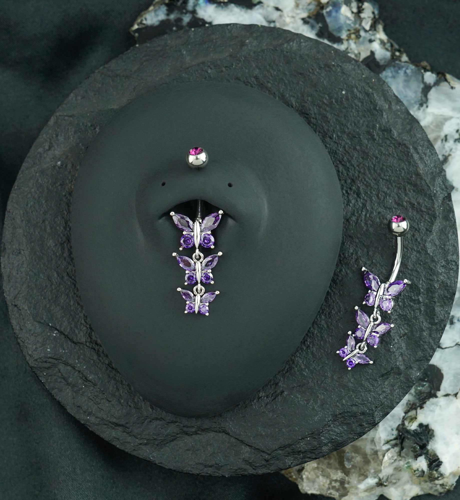 Triple Butterfly Amethyst CZ Dangle Stainless Steel Externally Threaded Belly Button Ring