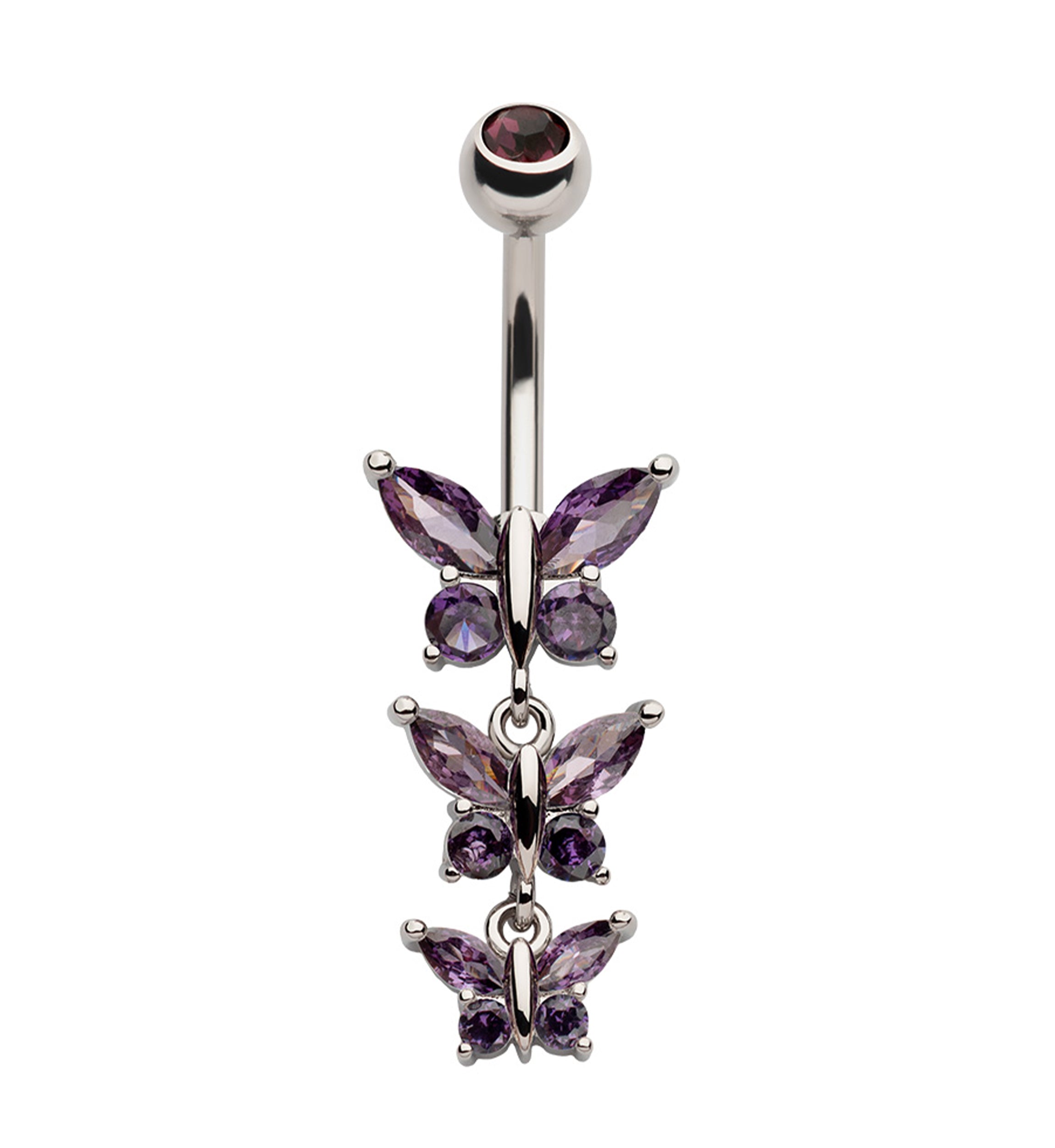 Triple Butterfly Amethyst CZ Dangle Stainless Steel Externally Threaded Belly Button Ring