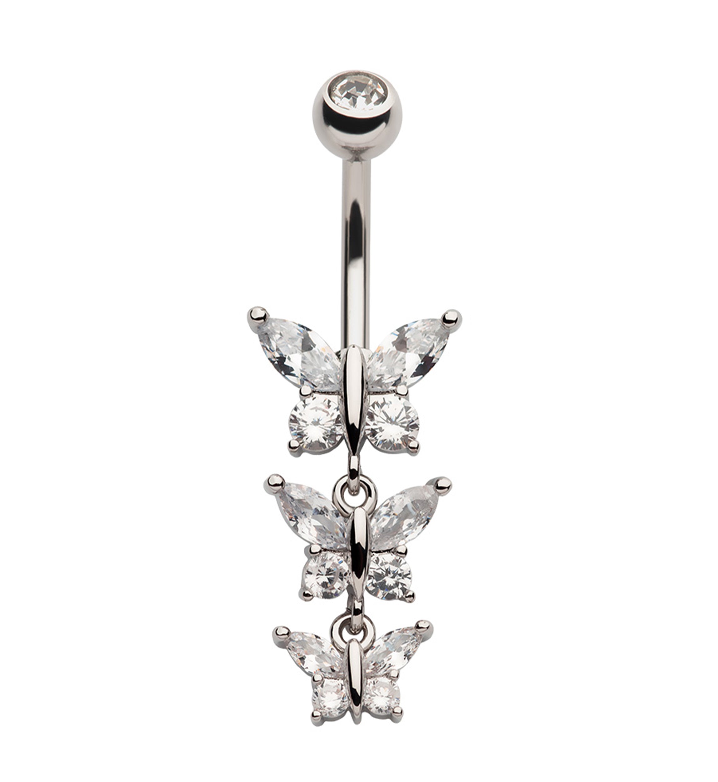 Triple Butterfly Clear CZ Dangle Stainless Steel Externally Threaded Belly Button Ring