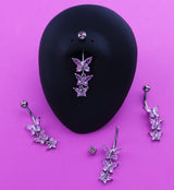 Triple Butterfly Pink CZ Dangle Stainless Steel Belly Button Ring