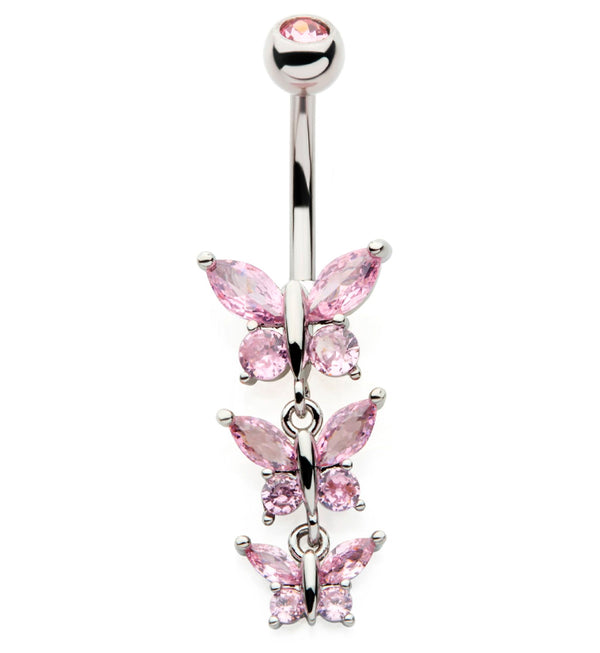 Triple Butterfly Pink CZ Dangle Stainless Steel Belly Button Ring