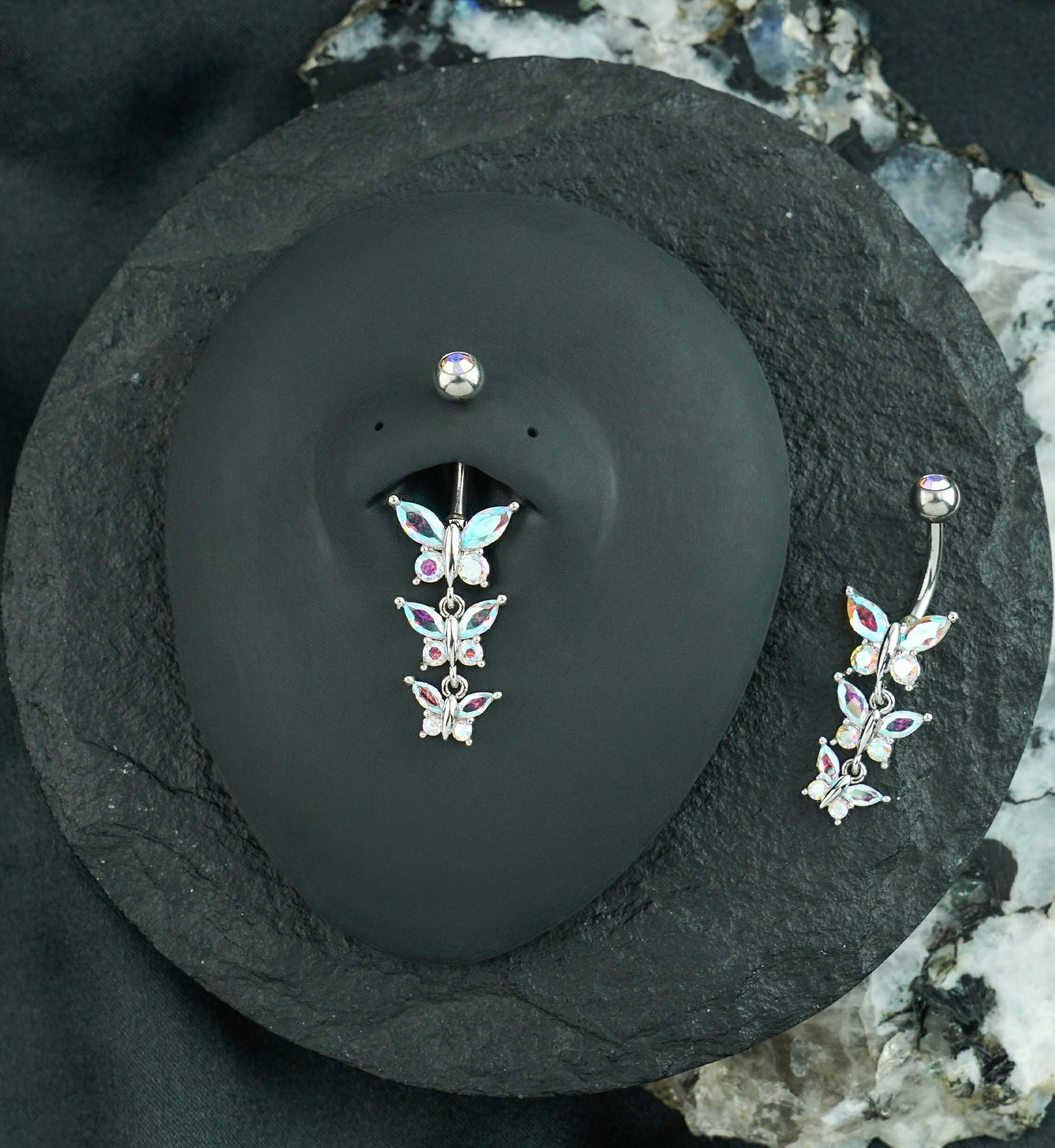 Triple Butterfly Rainbow Aurora CZ Dangle Stainless Steel Externally Threaded Belly Button Ring
