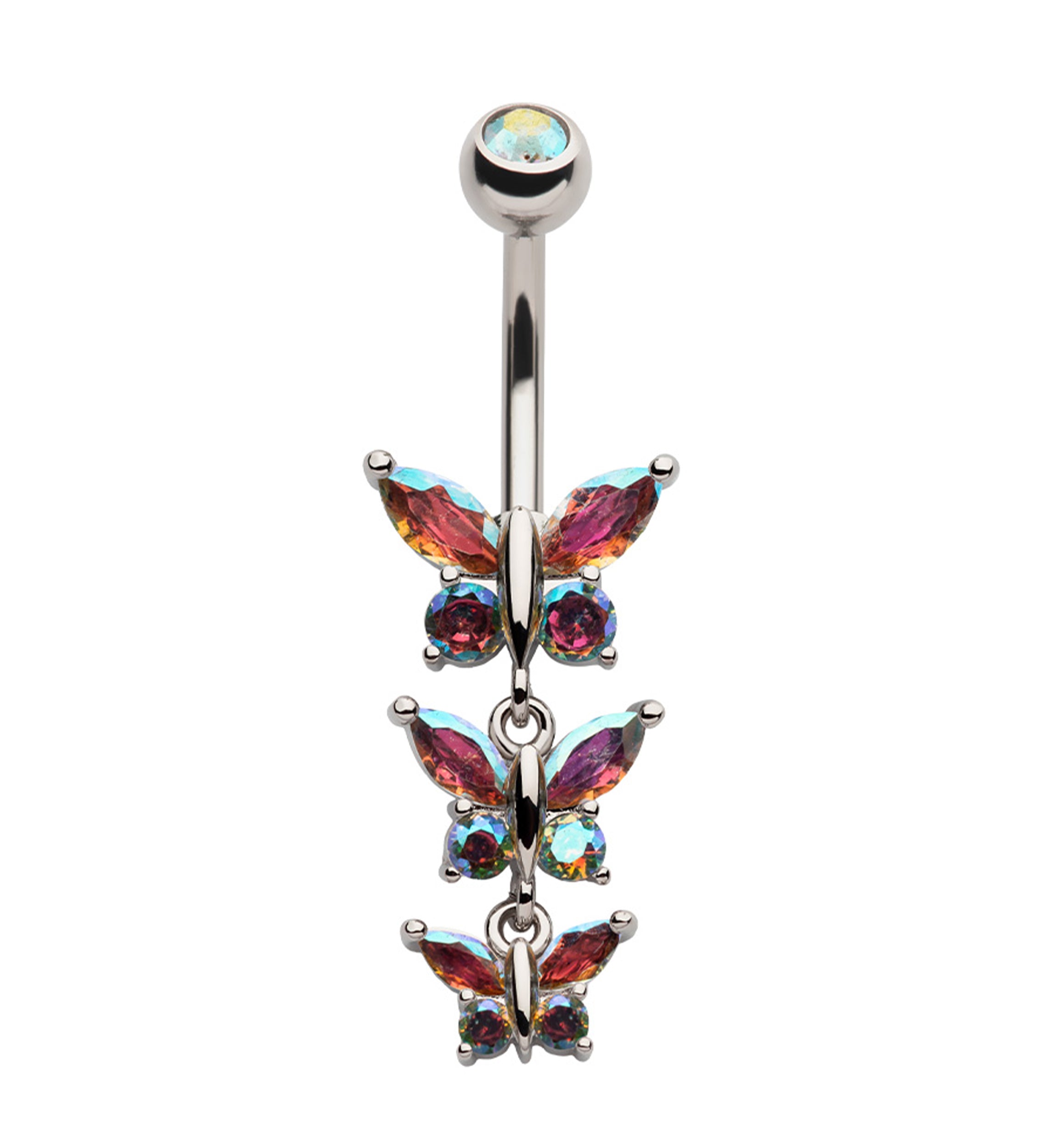 Triple Butterfly Rainbow Aurora CZ Dangle Stainless Steel Externally Threaded Belly Button Ring