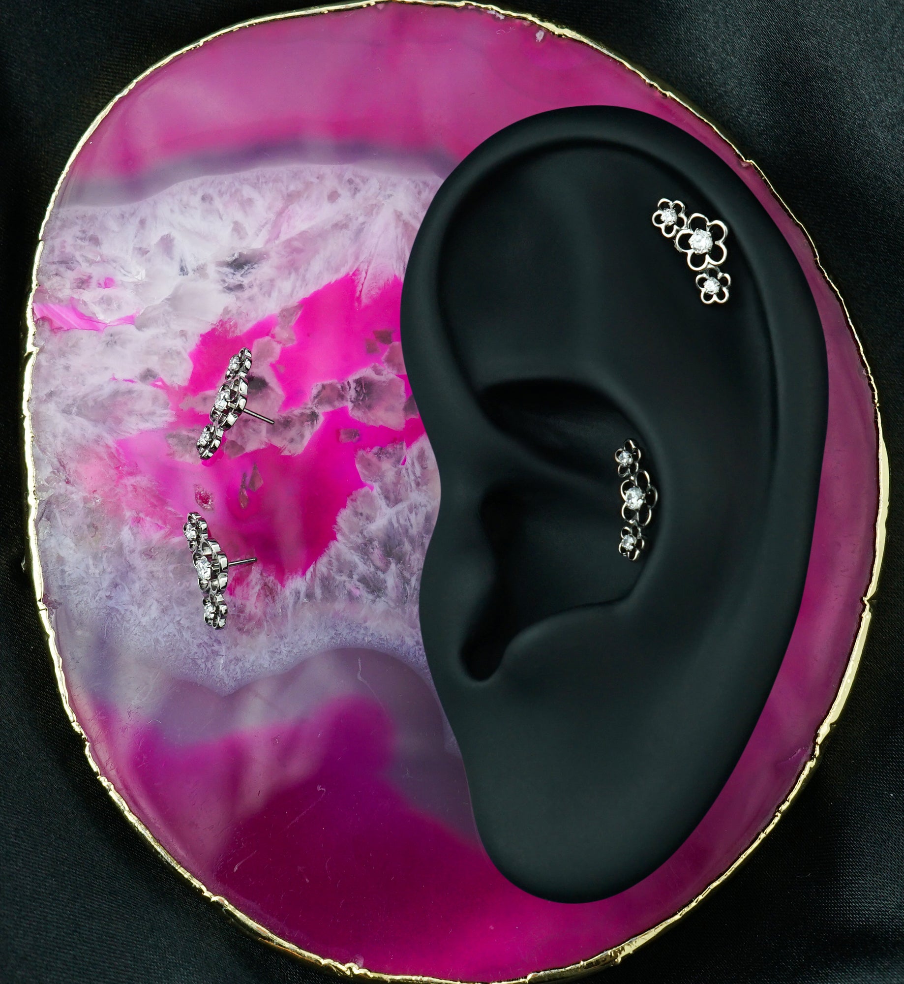 Triple Cherry Blossom Clear CZ Titanium Threadless Top