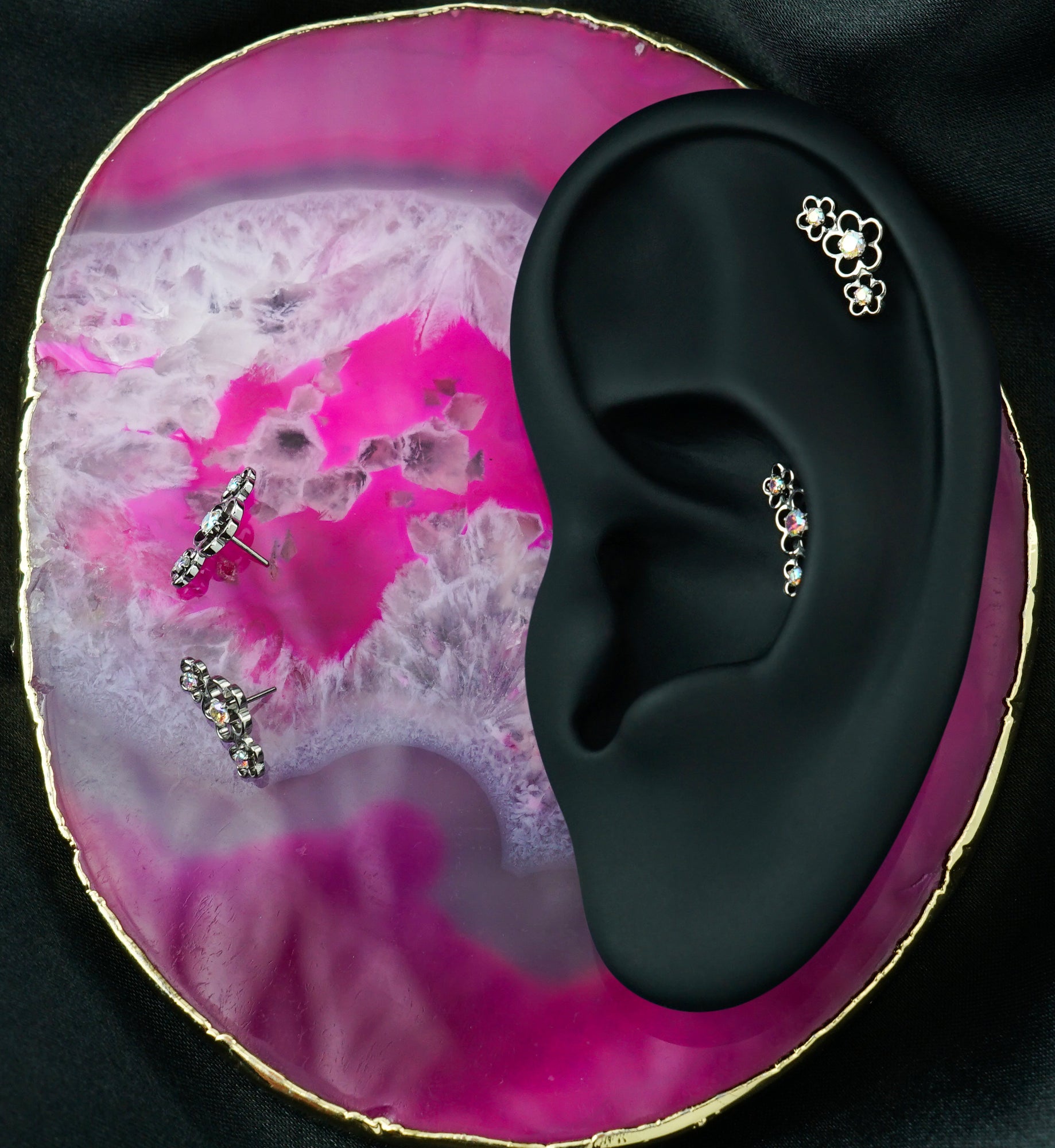 Triple Cherry Blossom Rainbow Aurora CZ Titanium Threadless Top