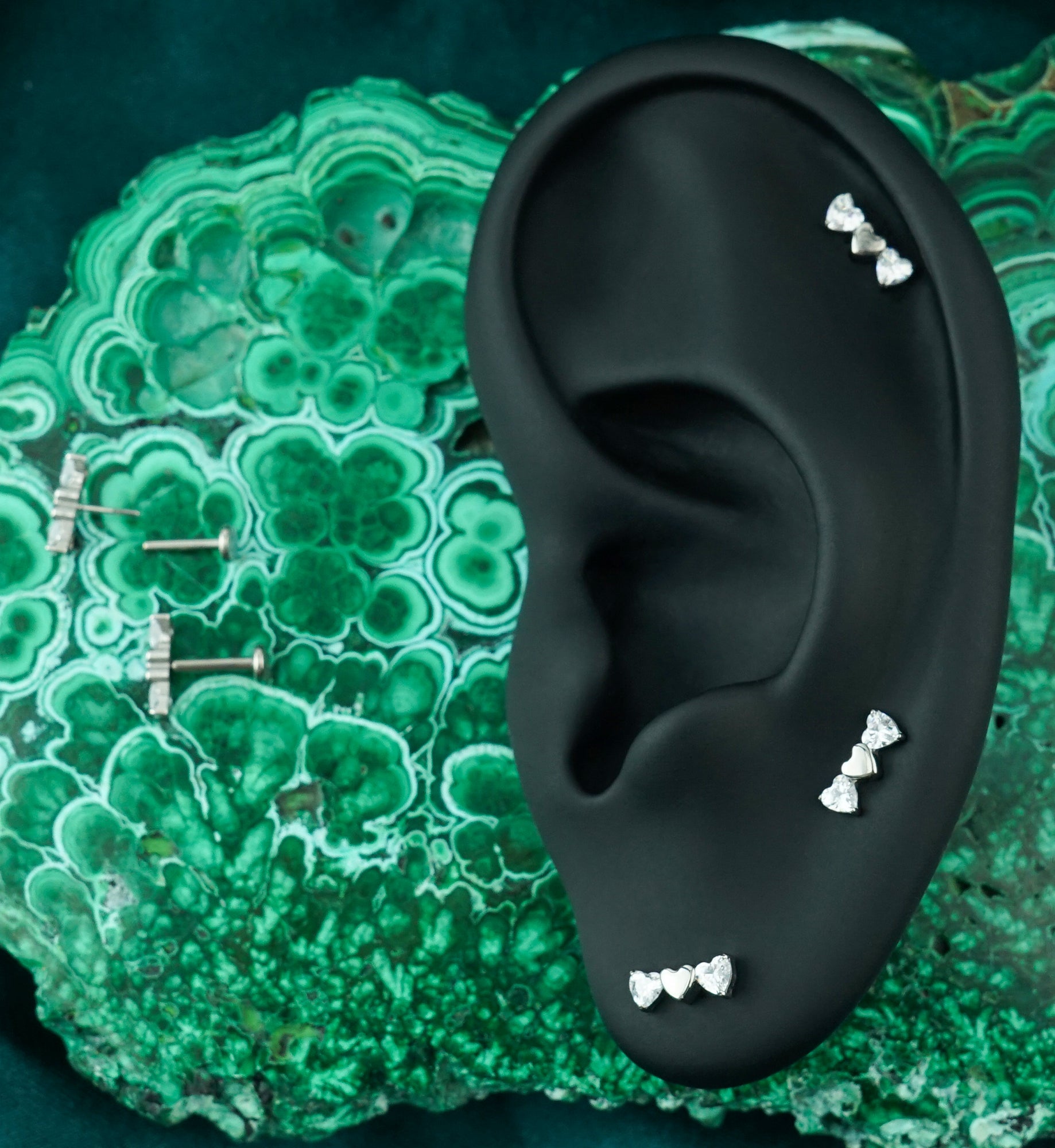 Triple Heart Clear CZ Titanium Threadless Labret