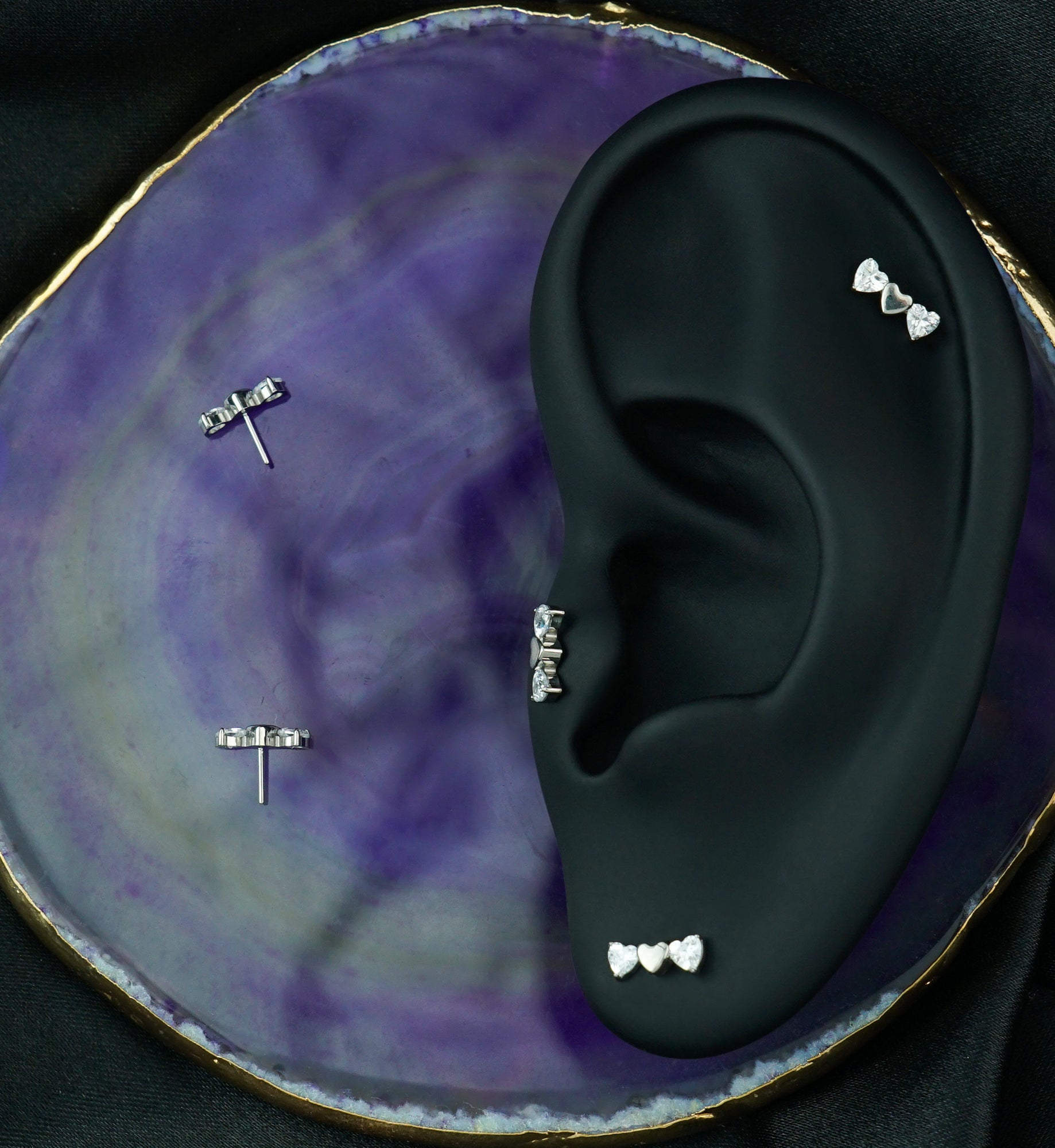 Triple Heart Clear CZ Titanium Threadless Top