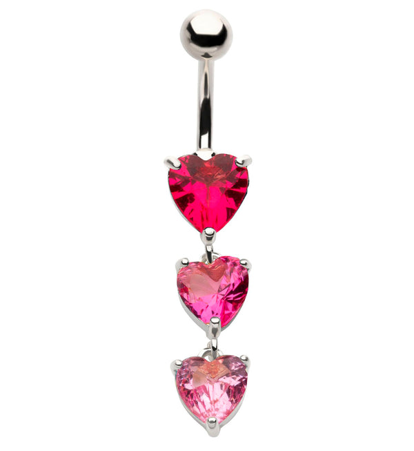 Triple Heart Pink CZ Dangle Stainless Steel Belly Button Ring