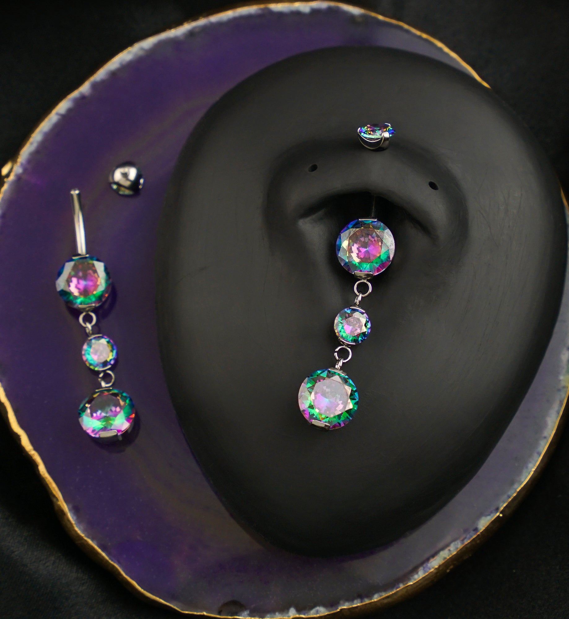 Triple Prong Black Aurora CZ Dangle Titanium Internally Threaded Belly Button Ring