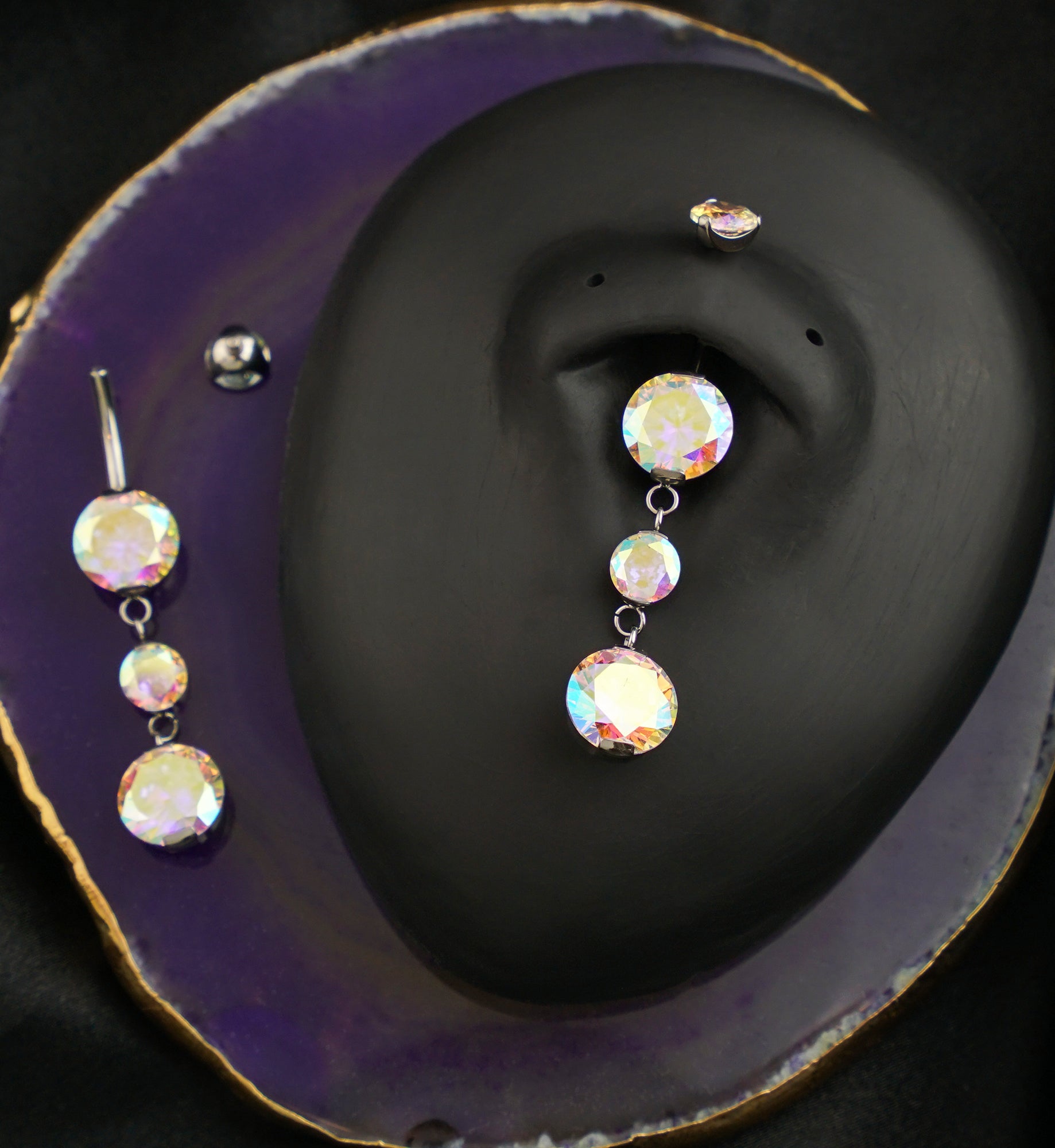 Triple Prong Rainbow Aurora CZ Dangle Titanium Internally Threaded Belly Button Ring