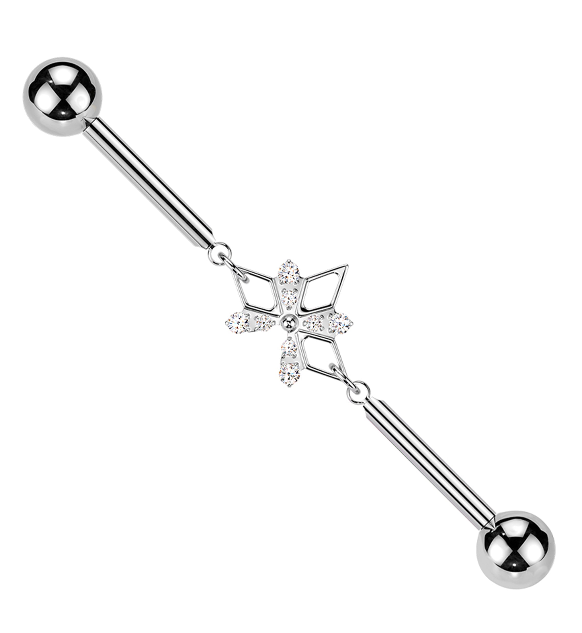 Triple Rhombus X Dangle Clear CZ Internally Threaded Titanium Industrial Barbell