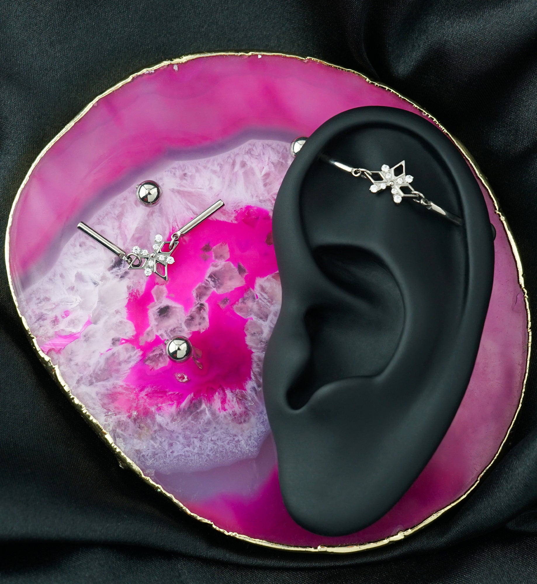 Triple Rhombus X Dangle Clear CZ Internally Threaded Titanium Industrial Barbell