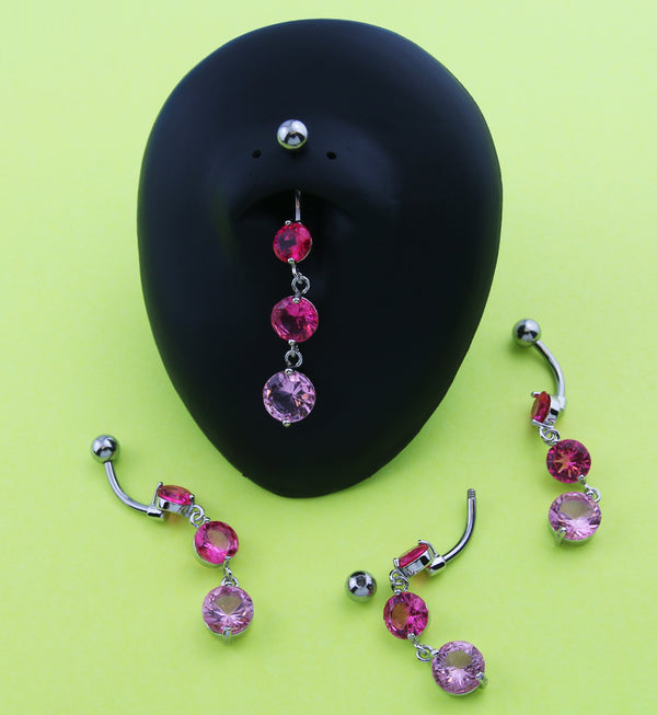 Triple Round Pink CZ Dangle Stainless Steel Belly Button Ring