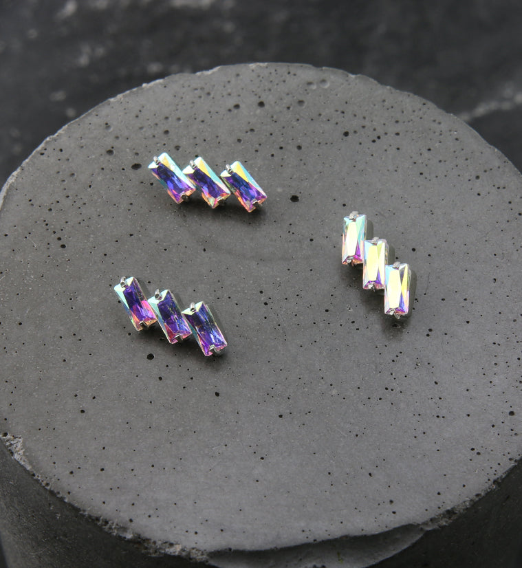 Triple Slant Rainbow Aurora CZ Internally Threaded Titanium Top