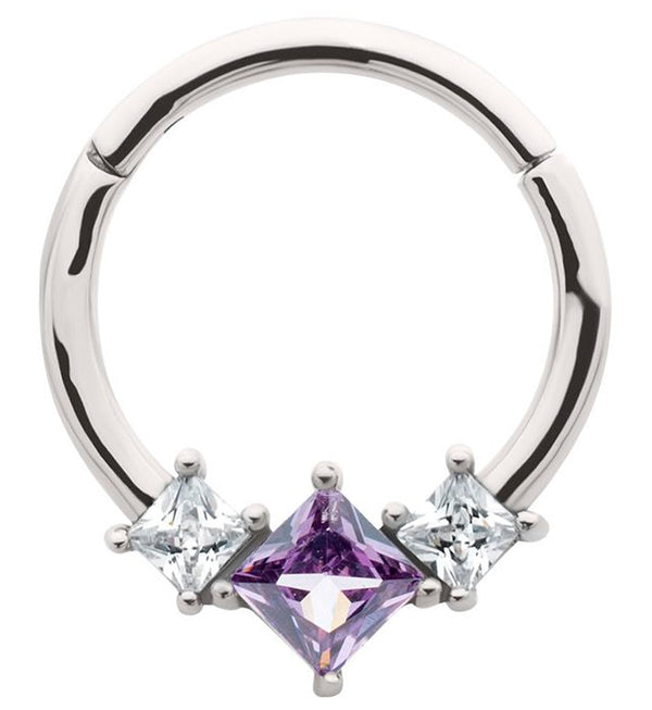 Triple Square Amethyst And Clear CZ Stainless Steel Hinged Segment Ring