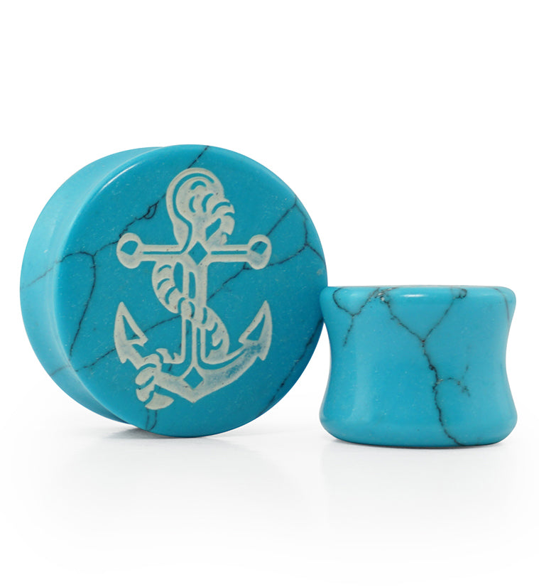 Turquoise Anchor Engraved Stone Plugs