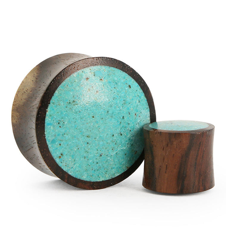 Areng Wood Plugs With Turquoise Stone Inlay (8G 1 & 1/2 Inch