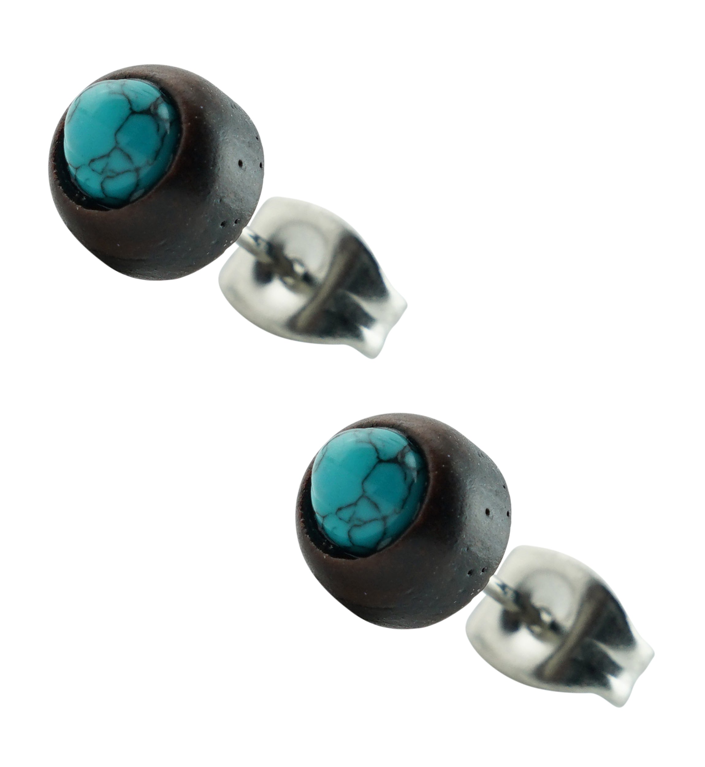 Turquoise Stone Inlay Wooden Stainless Steel Stud Earrings