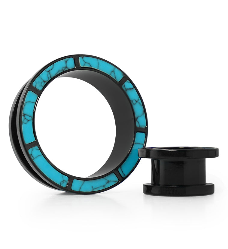 Black PVD Howlite Turquoise Rim Stainless Steel Tunnel Plugs