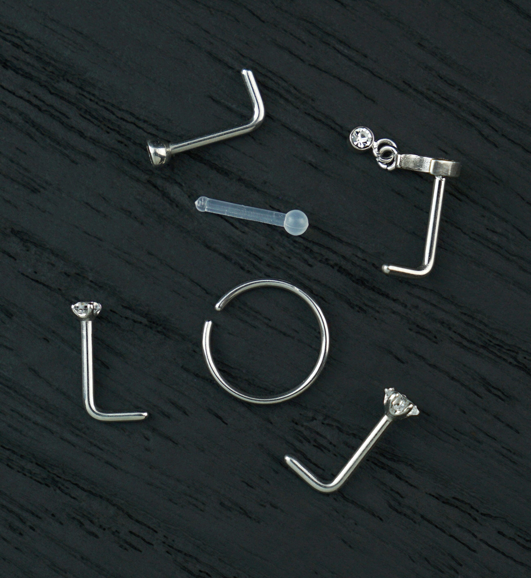 Twilight Dangle Clear CZ Stainless Steel L Bend/Stud/Hoop Variety Pack (6 Pack)