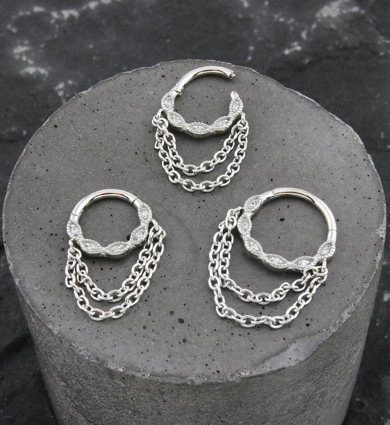 Twist Beaded CZ Double Dangle Chain Stainless Steel Hinged Segment Ring