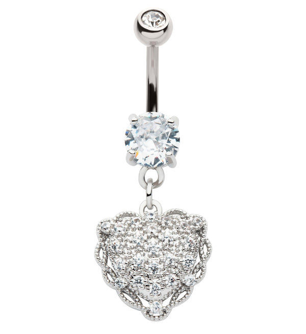 Twist Heart Pave Clear CZ Dangle Stainless Steel Belly Button Ring