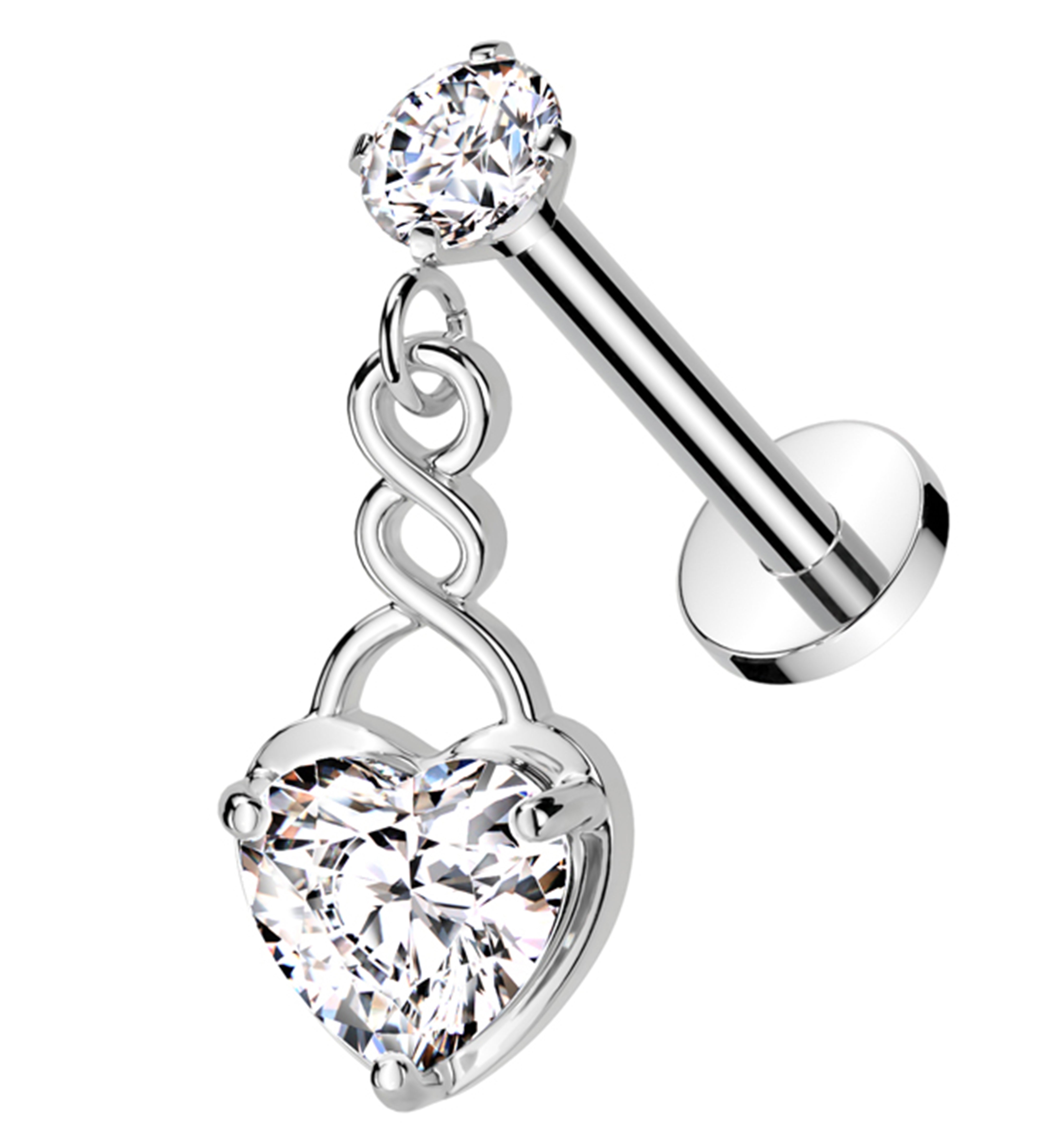 Twisted Dangle Heart Clear CZ Internally Threaded Stainless Steel Labret