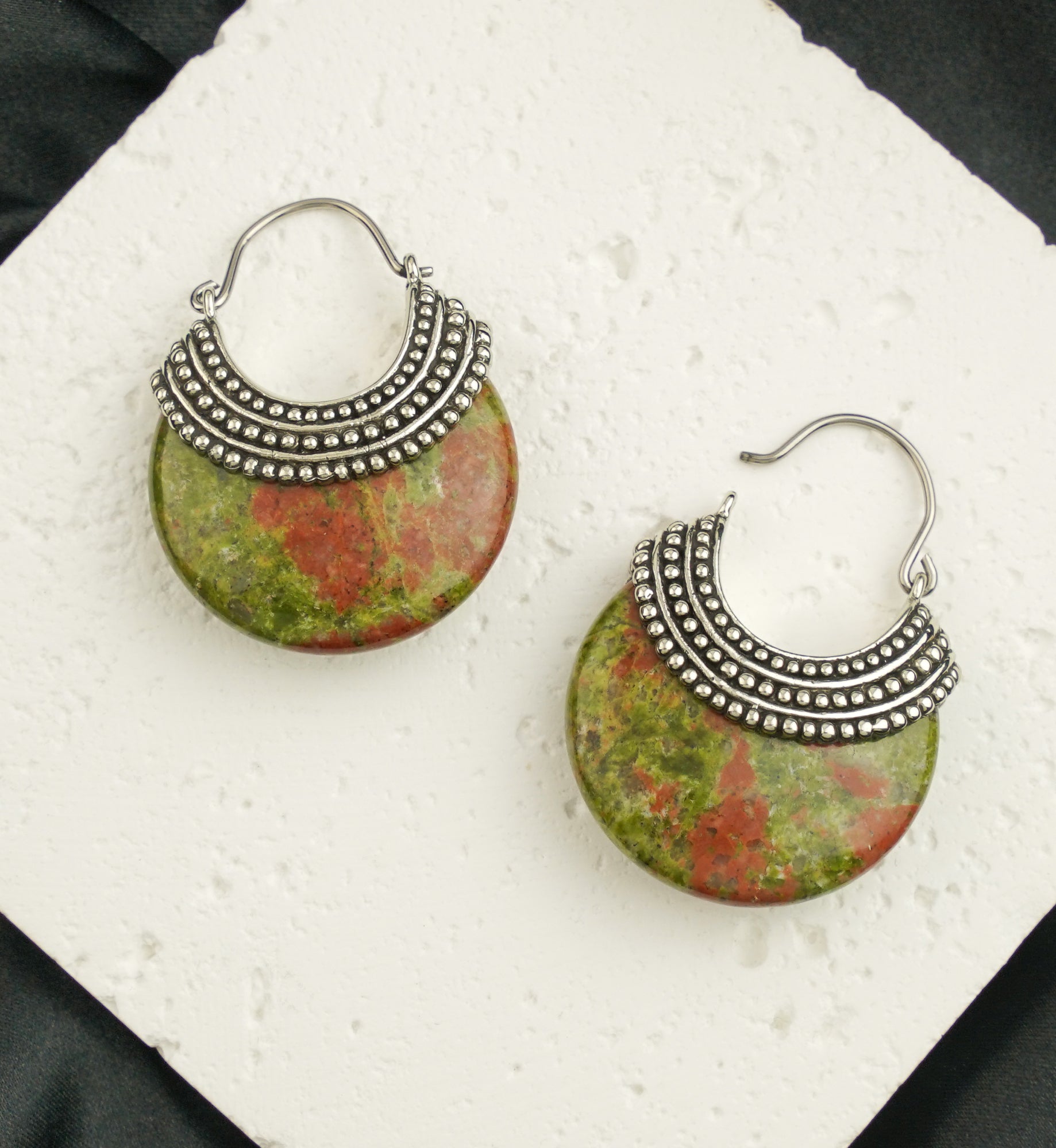Unakite Beaded White Brass Stone Earrings