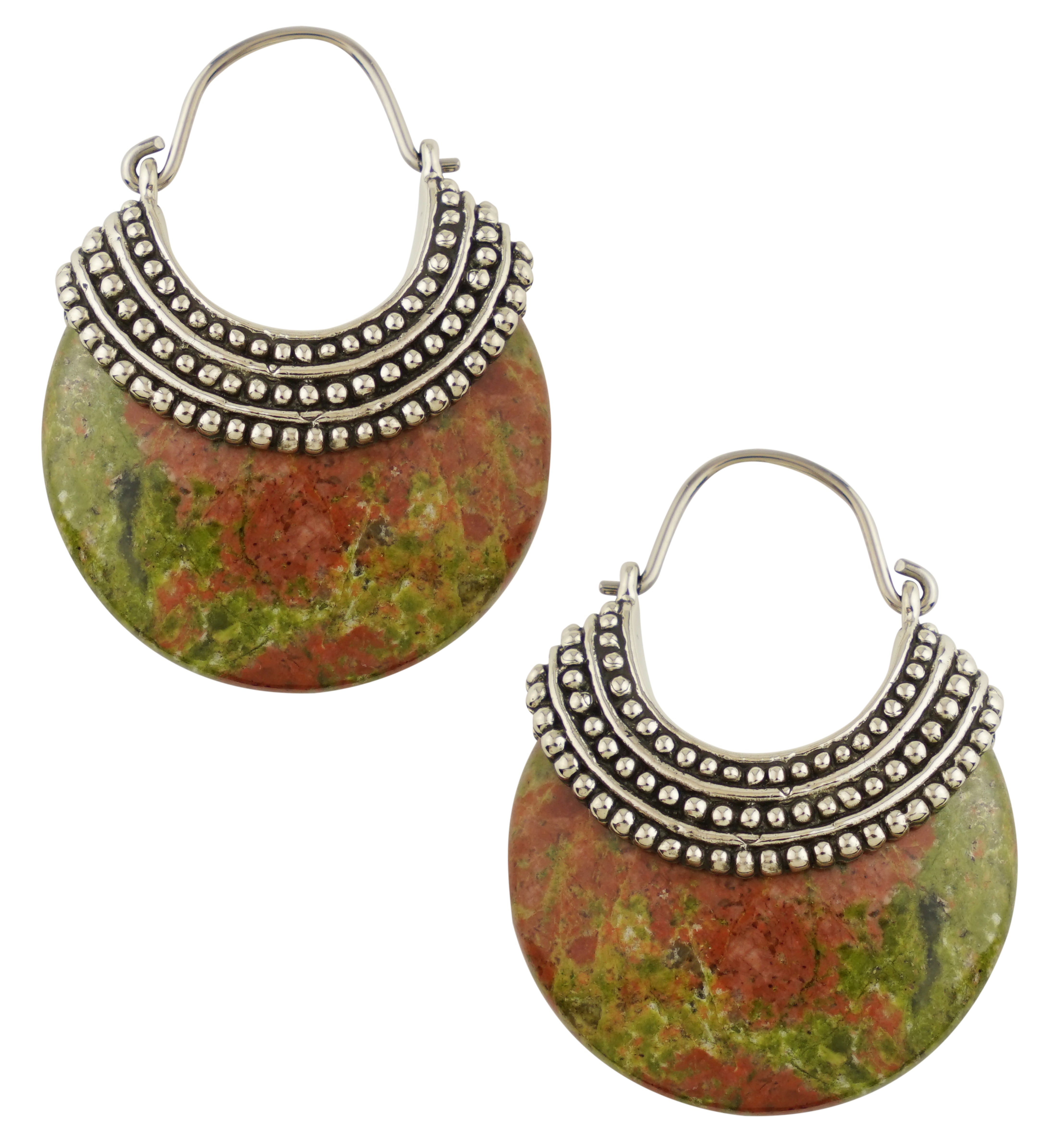 Unakite Beaded White Brass Stone Earrings