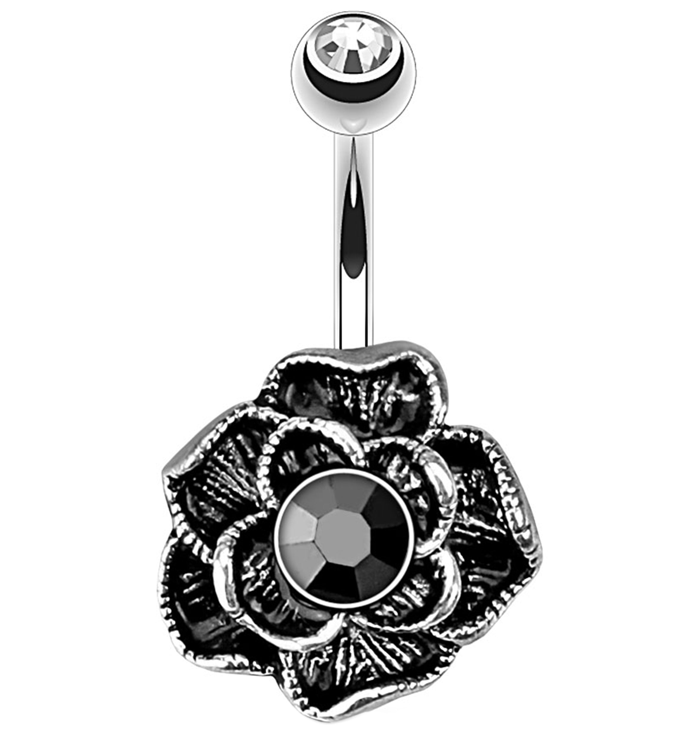Vintage Flower Rosebud with Black Gem Belly Button Ring
