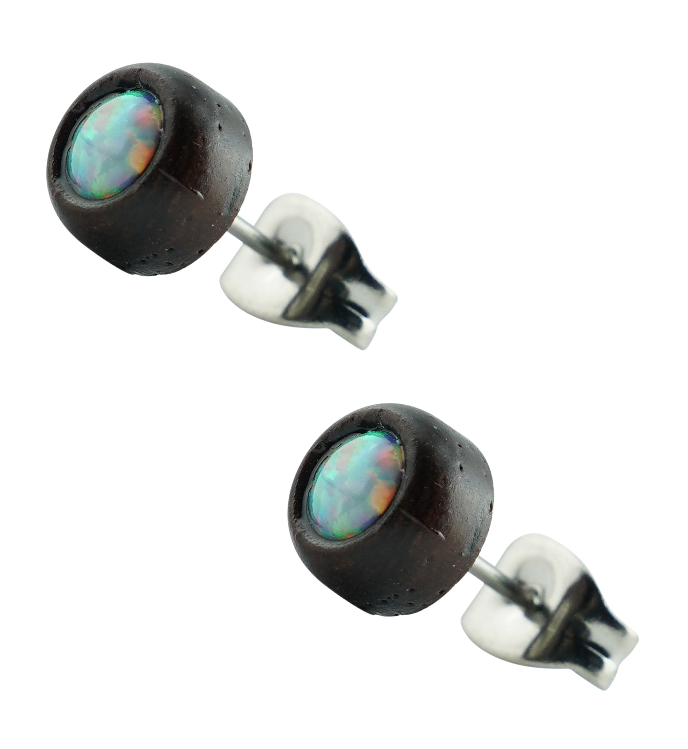 White Opalite Inlay Wooden Stainless Steel Stud Earrings