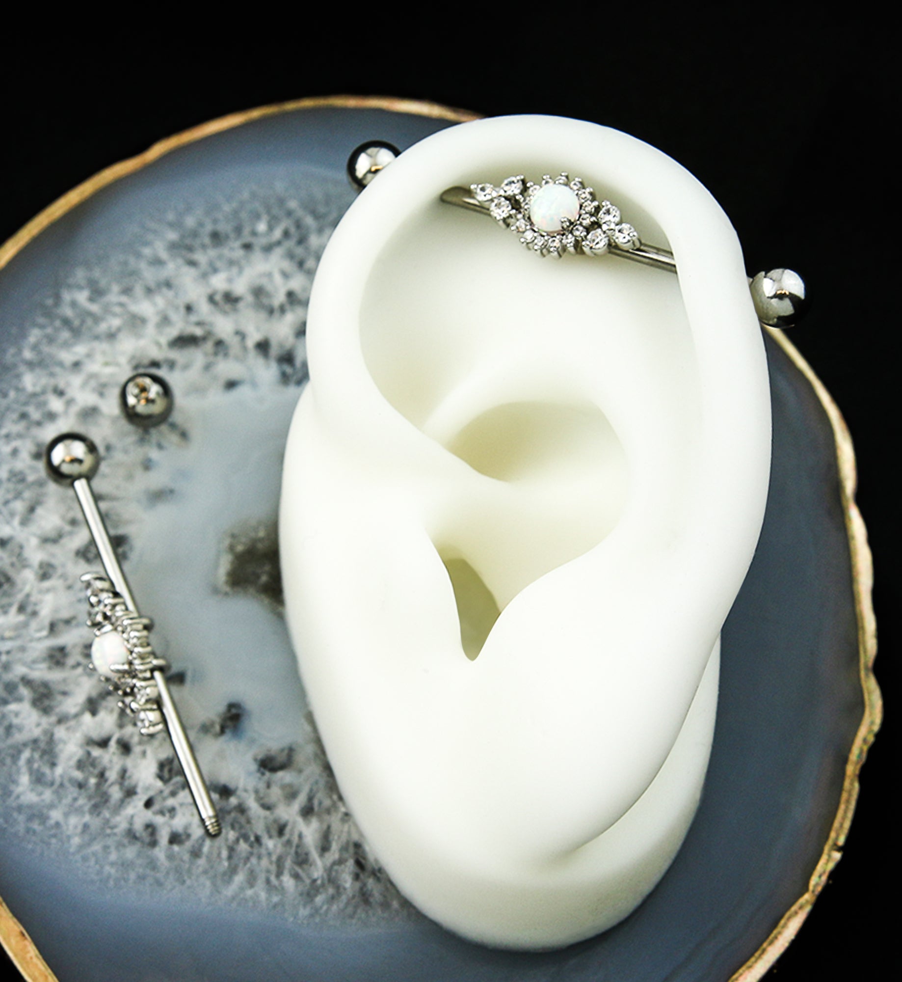 White Opalite Triple Clear CZ Cluster Stainless Steel Industrial Barbell