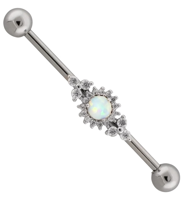 White Opalite Triple Clear CZ Cluster Stainless Steel Industrial Barbell