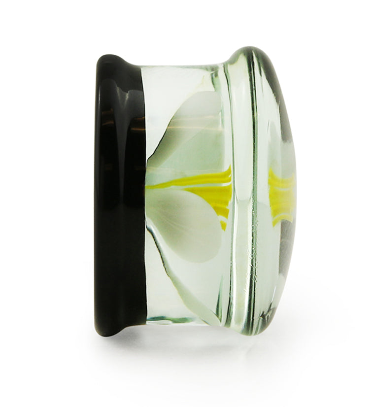 White Poppy Flower Black Glass Double Flare Plugs