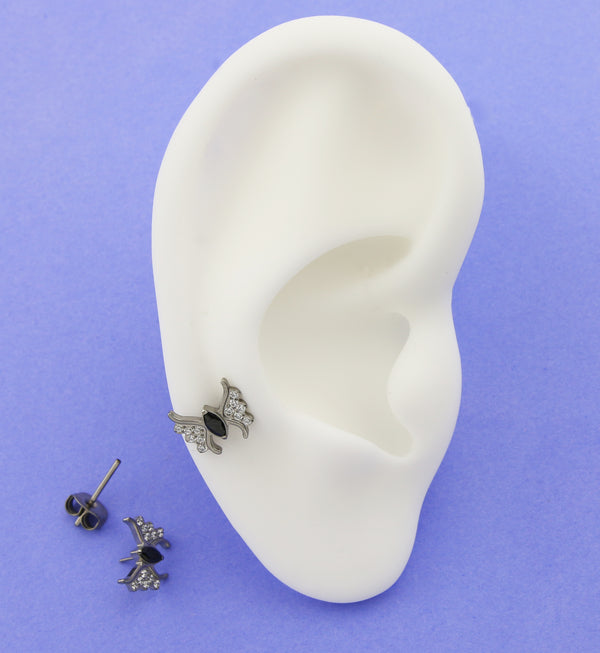 Wings Black CZ Titanium Threadless Stud Earrings