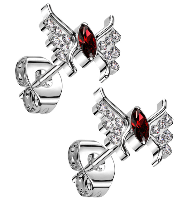 Wings Red CZ Titanium Threadless Stud Earrings