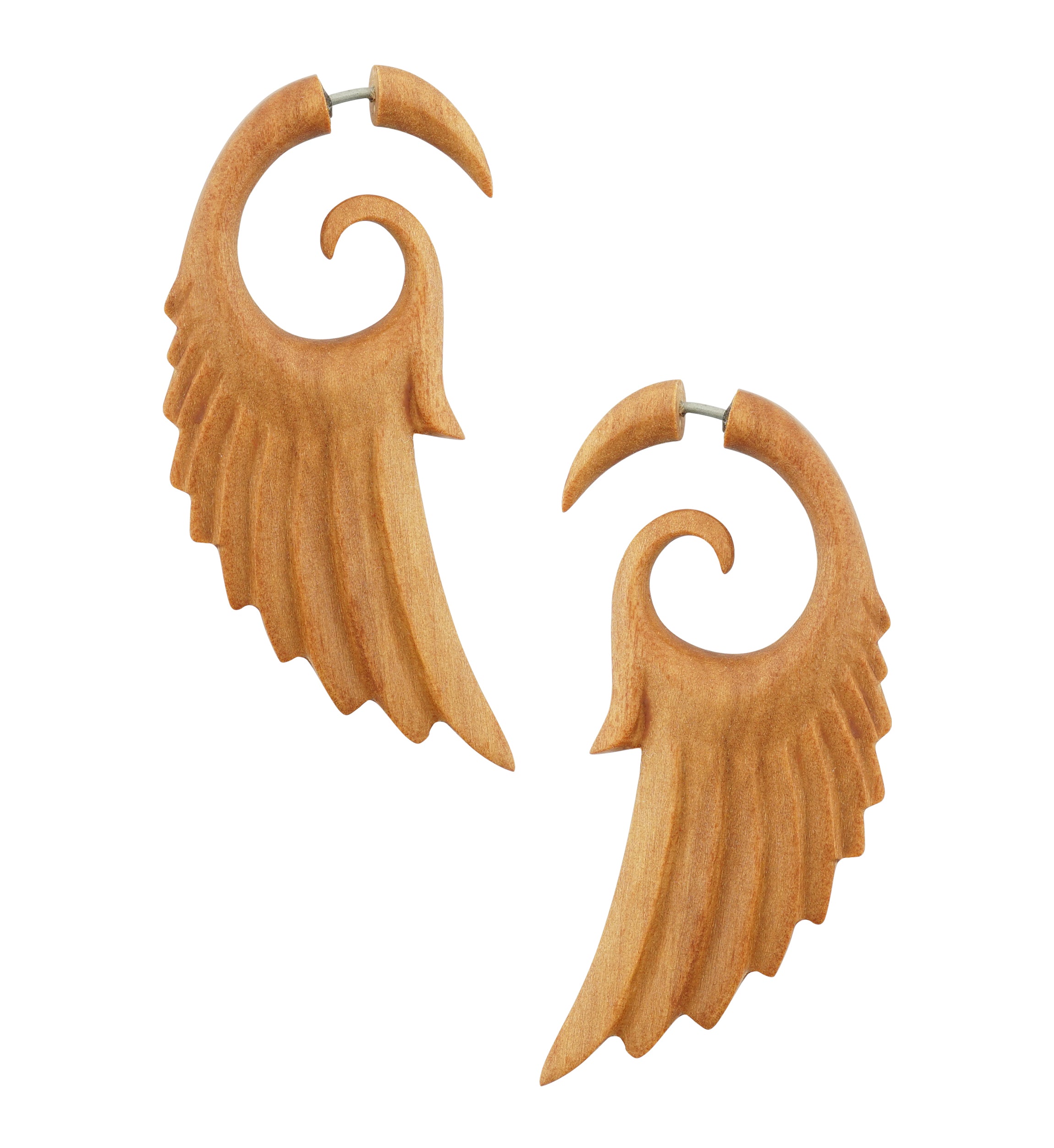 Wooden Angel Wing Fake Gauge Spiral Tribal Earrings (19G - 0.9mm)