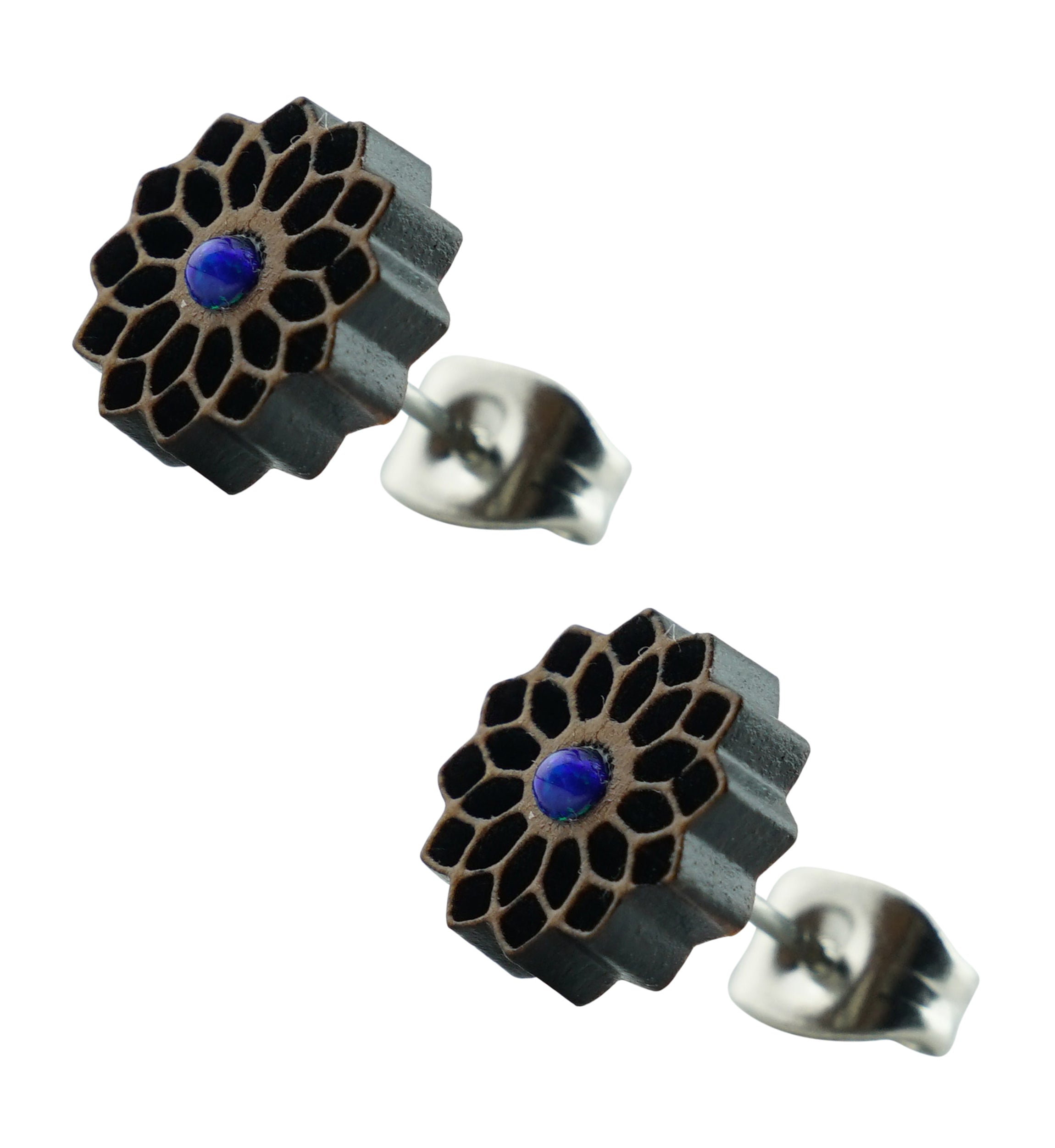 Wooden Dahlia with Blue Opalite Stainless Steel Stud Earrings