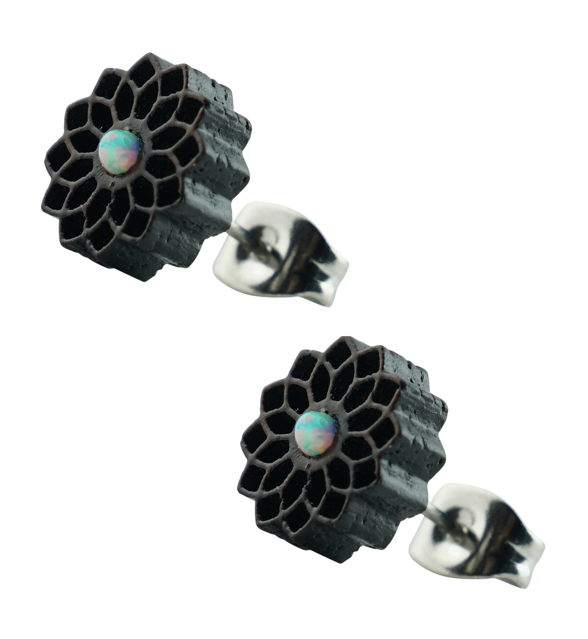 Wooden Dahlia with White Opalite Stainless Steel Stud Earrings