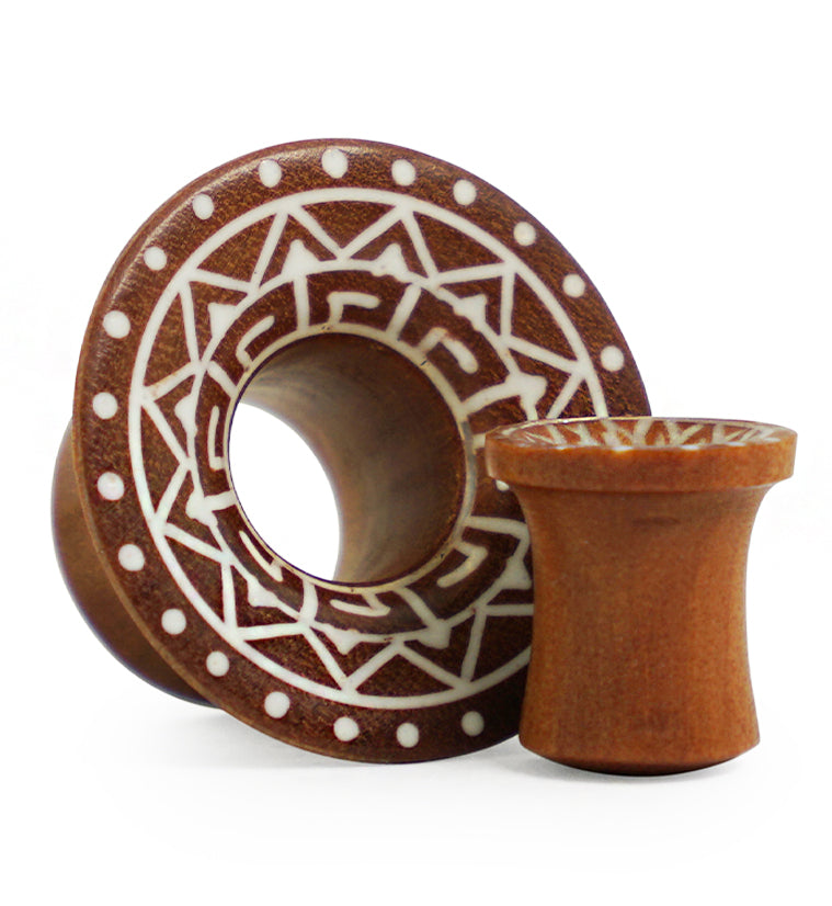 Saba Wood Mayan Flare Tunnels With Tribal Inlay