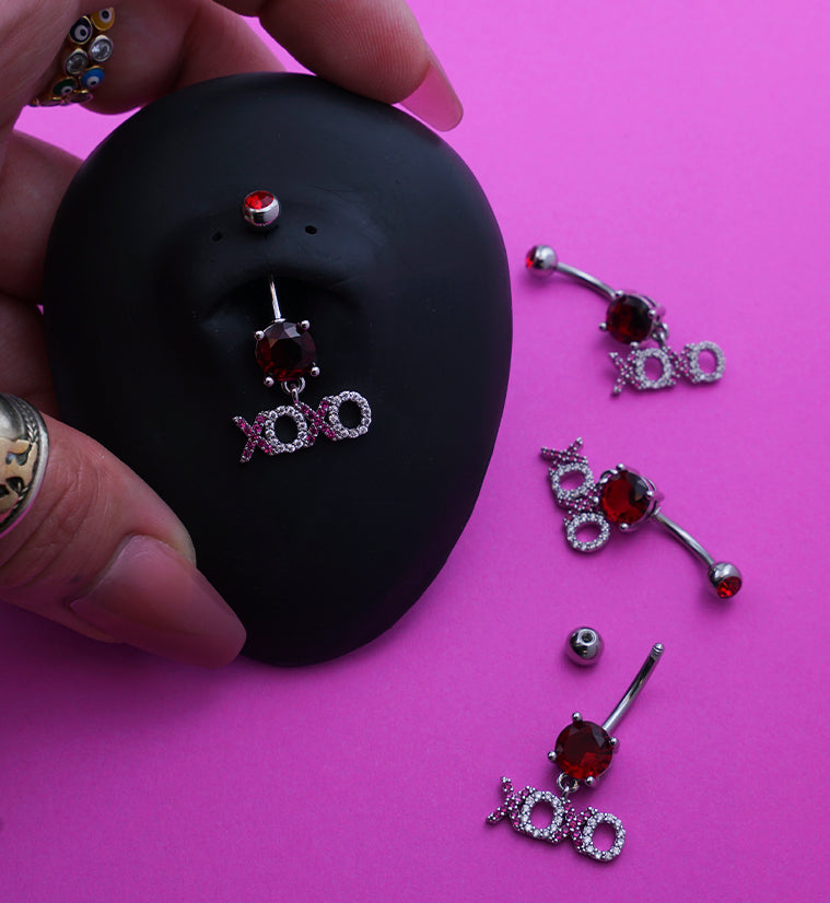 XOXO Red CZ Stainless Steel Belly Button Ring
