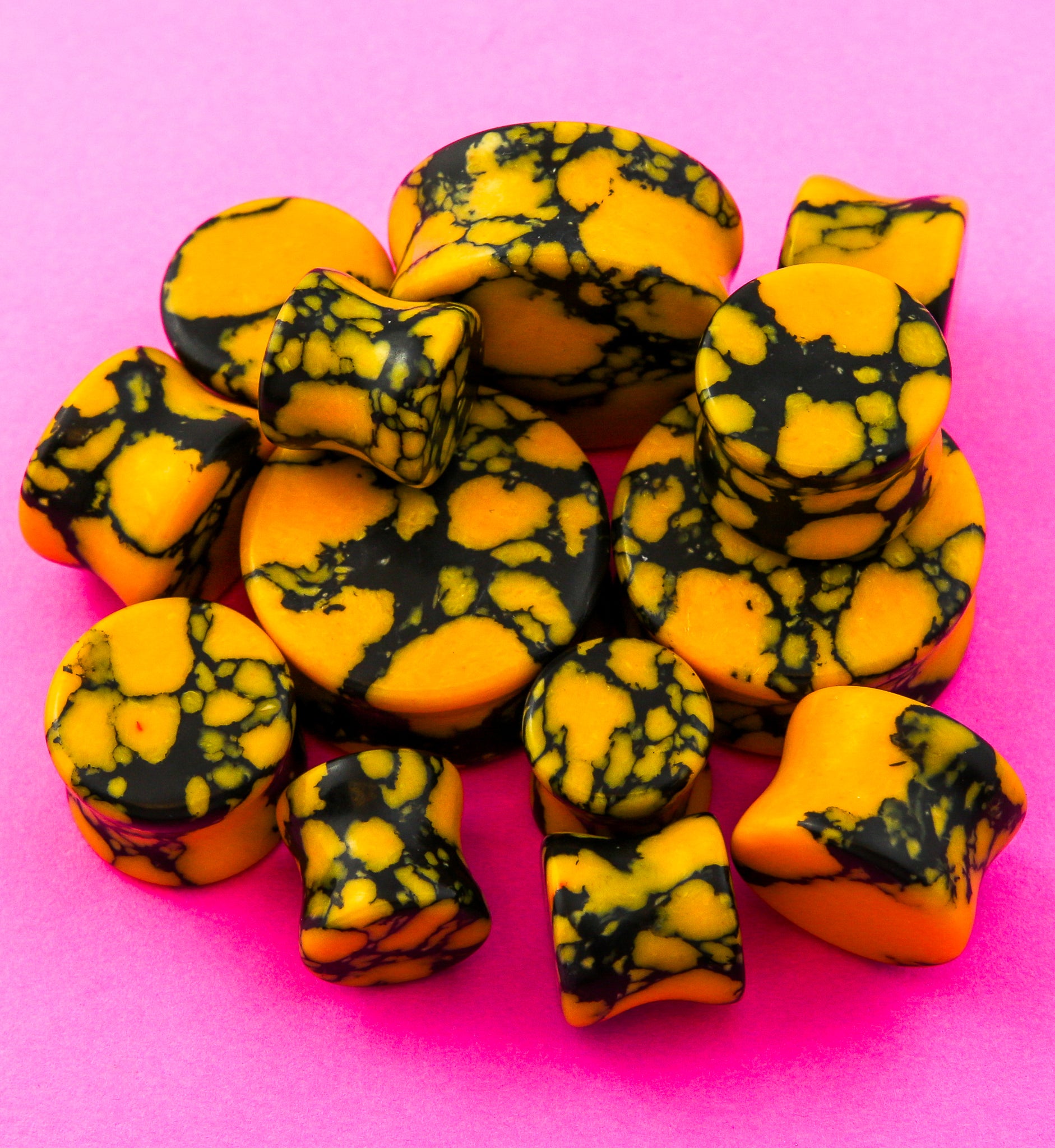 Yellow And Black Howlite Stone Plugs (8G - 1&1/2