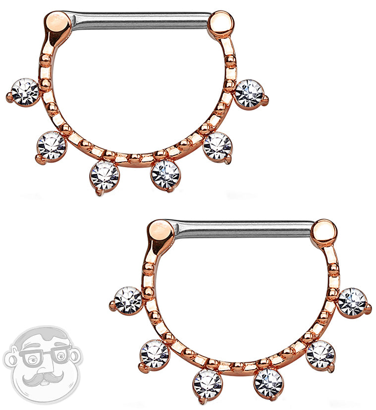 14G Rose Gold Brass Beaded Edge With CZ Rim Nipple Clicker Rings