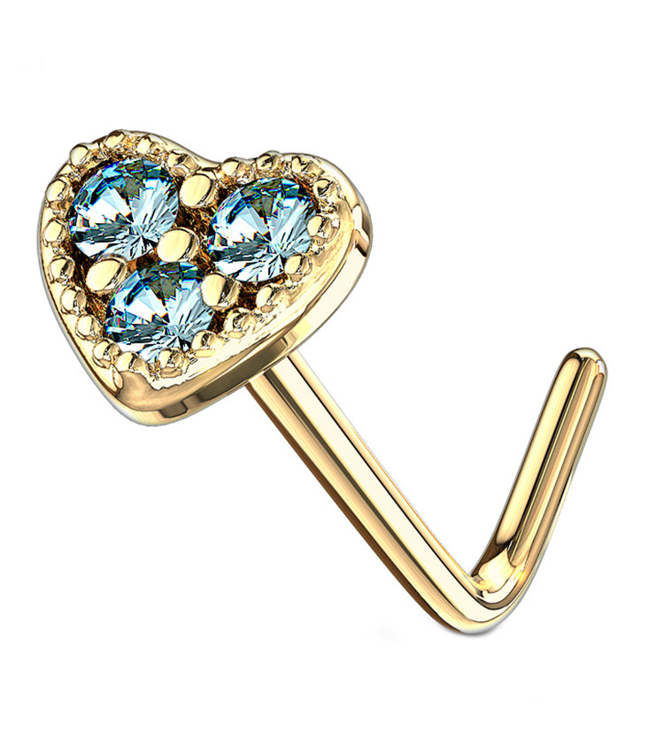14kt Gold Heart Aqua CZ L Bend Nose Ring