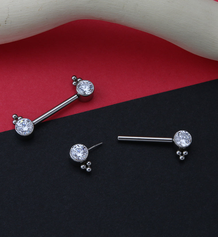 14G Double Drop Bead CZ Threadless Titanium Nipple Ring Barbell