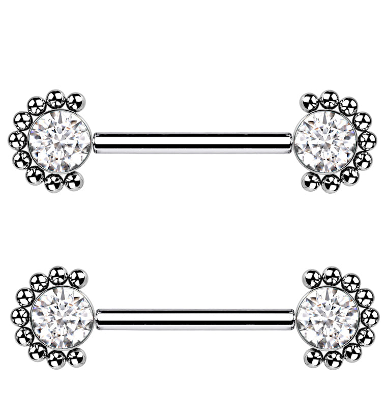 14G Encirc Double Clear CZ Threadless Titanium Nipple Ring Barbell