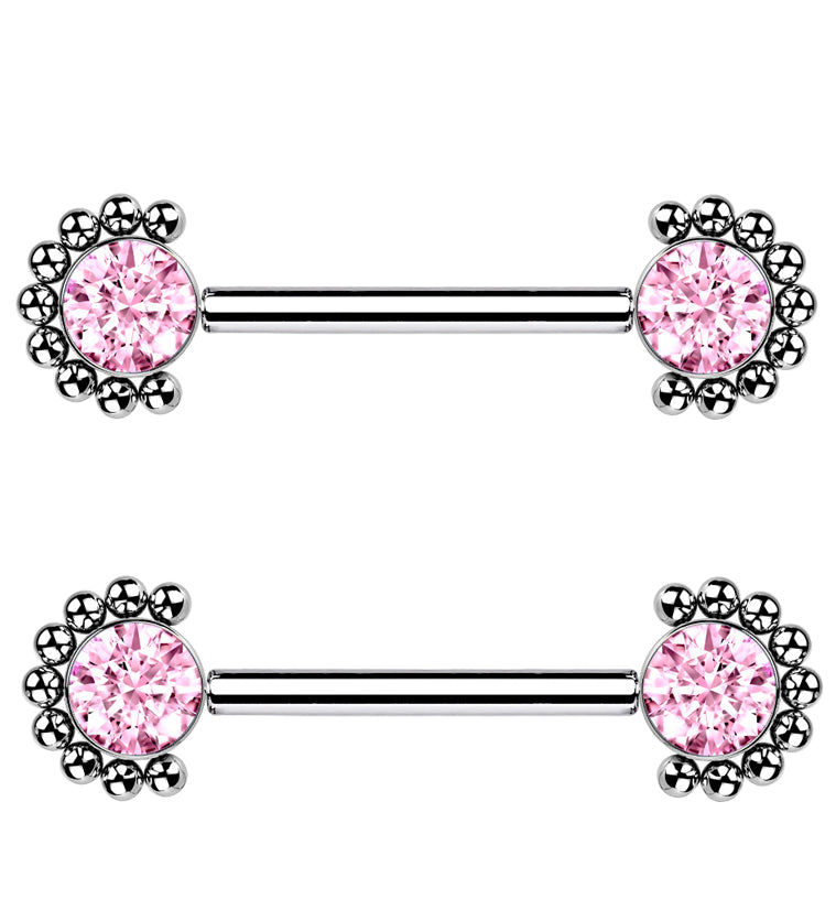 14G Encirc Double Pink CZ Threadless Titanium Nipple Ring Barbell