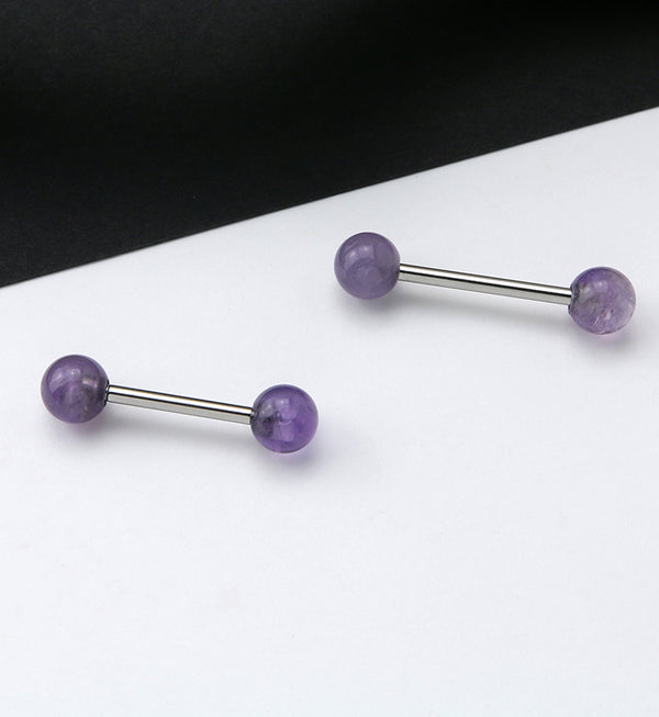 14G Double Amethyst Stone Stainless Steel Barbell